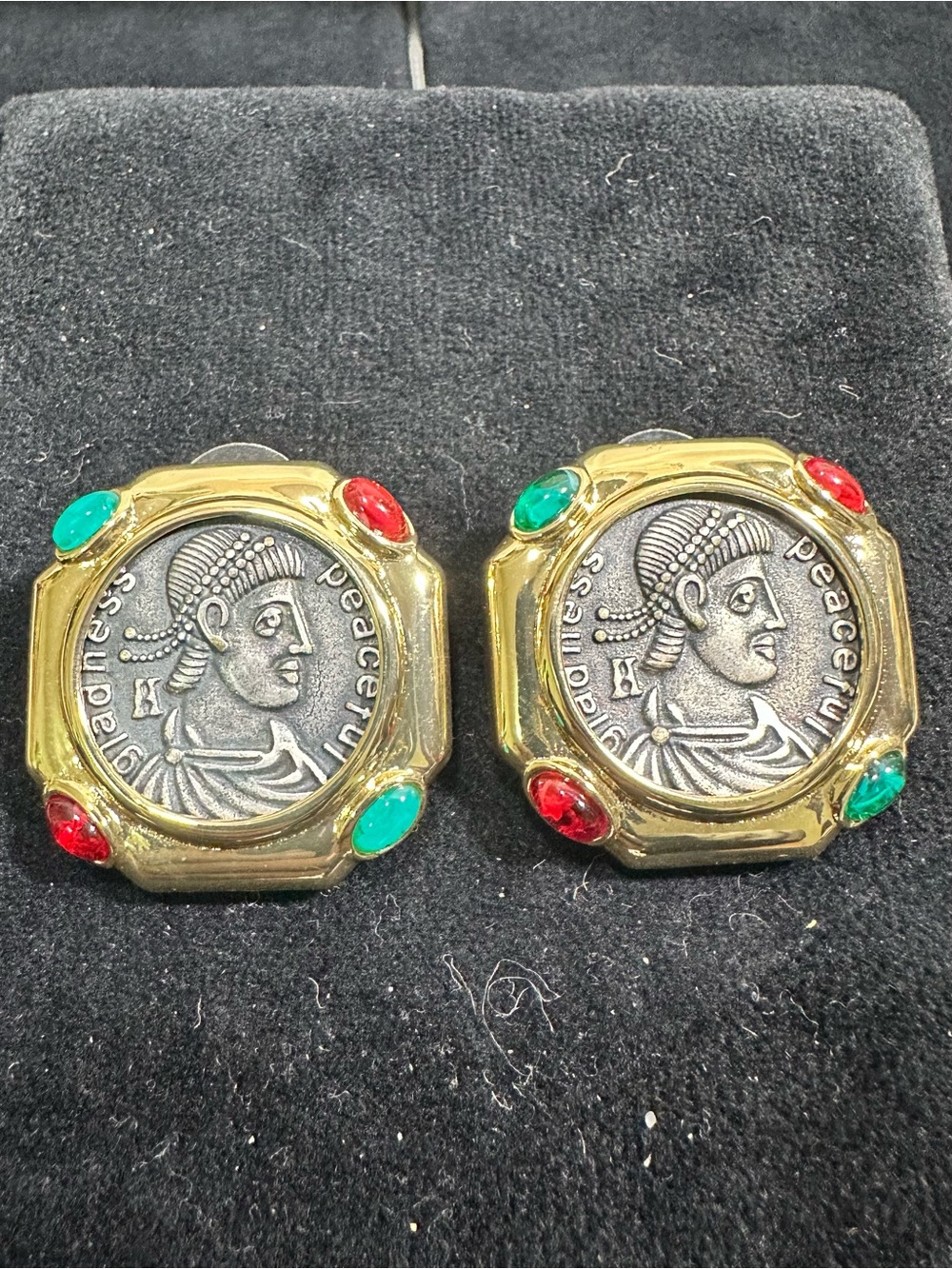Lovely Two Toned Glass Cabochon Coin oversized Runway Earrings